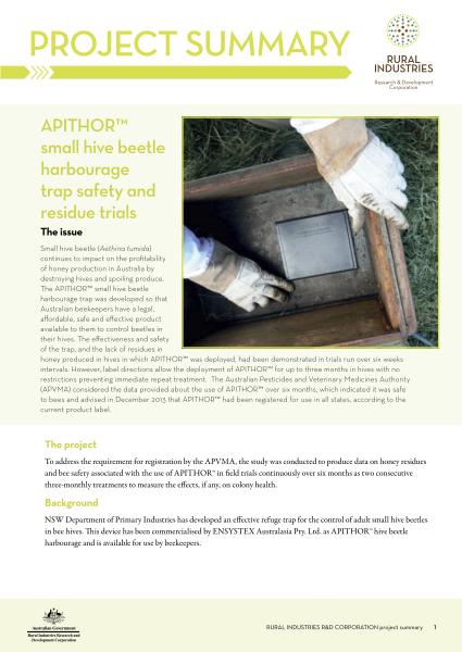 APITHOR™ small hive beetle harbourage trap safety and residue trials - project summary - image